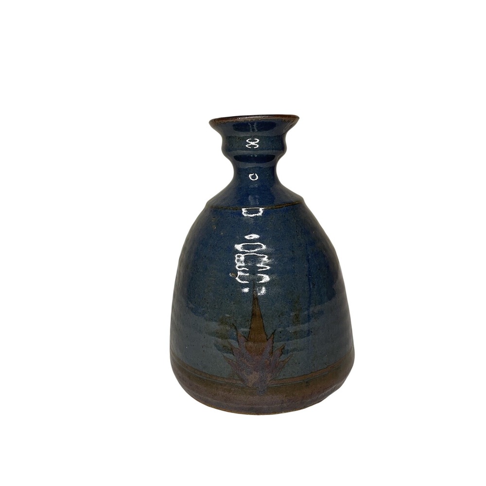 Studio Pottery Vase Ceramic Blue Glaze Farmhouse 8in‎ Tall Signed Leaf